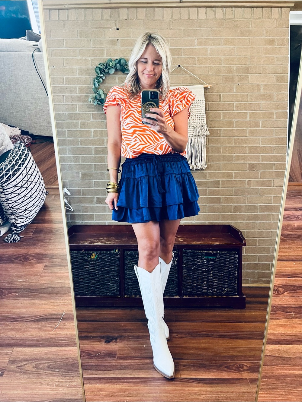 JODIFL Orange and Cream Zebra-Print Flutter Sleeve Blouse
